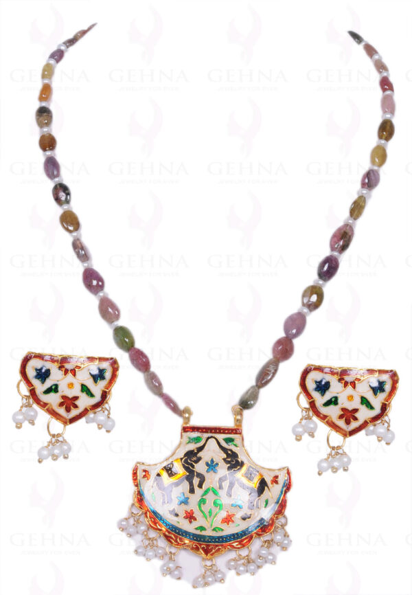 Pearl & Multi Tourmaline Gemstone Bead With Enamel Work Pendant & Earring NM-1062