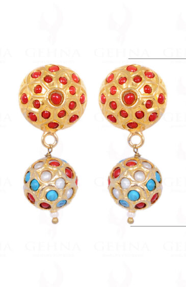 Pearl, Turquoise & Coral Stone Studded Jadau Bead Earrings LE01-1062