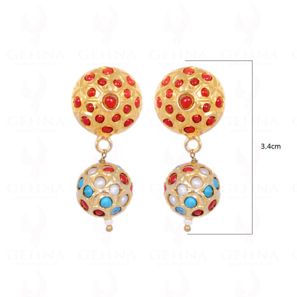 Pearl, Turquoise & Coral Stone Studded Jadau Bead Earrings LE01-1062