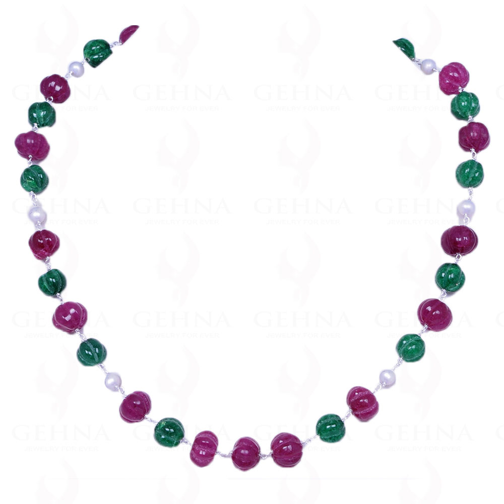 Pearl, Ruby & Emerald Gemstone Bead Chain In .925 Sterling Silver Cm1063