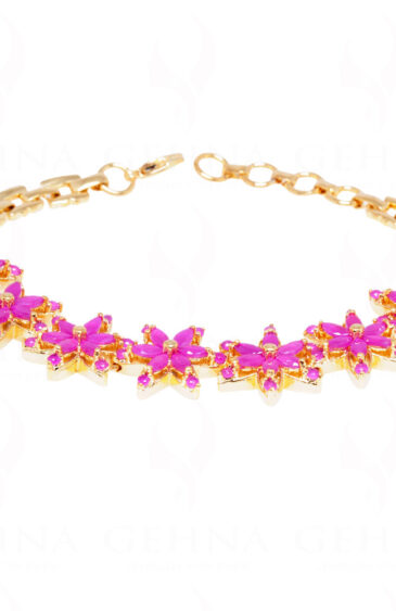 Pink Color Ruby Studded Stylish Flower Theme Yellow Gold Plated Bracelet FB-1063