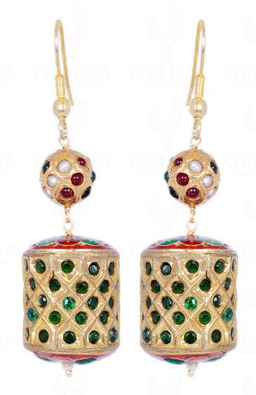 Pearl, Ruby & Emerald Stone Studded Jadau Bead & Drum Earrings LE01-1063