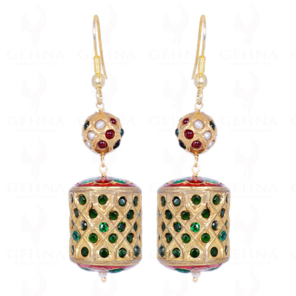 Pearl, Ruby & Emerald Stone Studded Jadau Bead & Drum Earrings LE01-1063