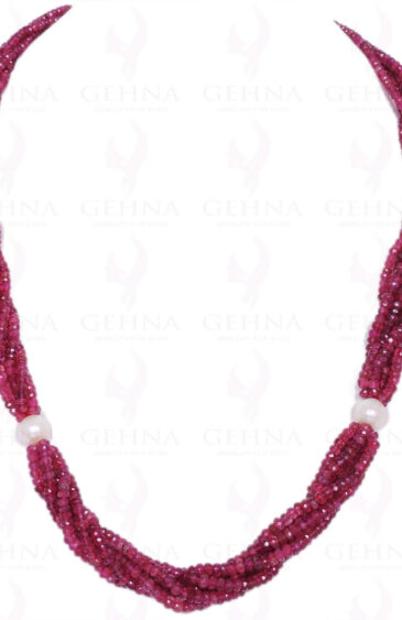 5 Rows Of Pearl & Pink Tourmaline Gemstone Faceted Bead Twisted Necklace NM-1063