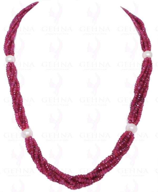 5 Rows Of Pearl & Pink Tourmaline Gemstone Faceted Bead Twisted Necklace NM-1063