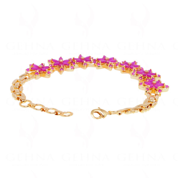 Pink Color Ruby Studded Stylish Flower Theme Yellow Gold Plated Bracelet FB-1063
