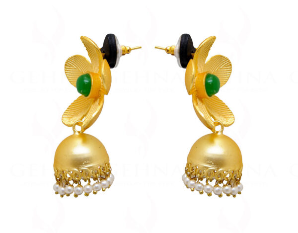 Pearl & Green Jade Color Studded Flower Shape Earrings FE-1063