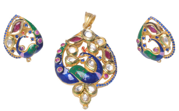 Pink Tourmaline Studded Pendant With Peacock Design Pendant & Earring Set FP-1063