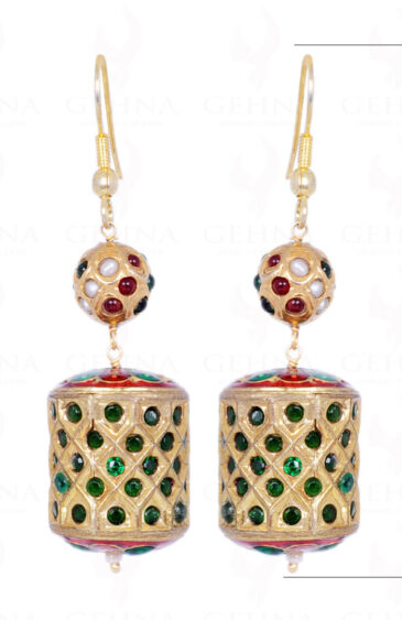 Pearl, Ruby & Emerald Stone Studded Jadau Bead & Drum Earrings LE01-1063