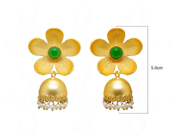 Pearl & Green Jade Color Studded Flower Shape Earrings FE-1063