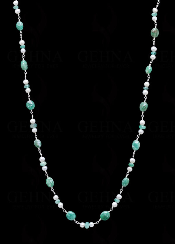 Pearl & Emerald Gemstone Bead Chain In .925 Sterling Silver Cm1064