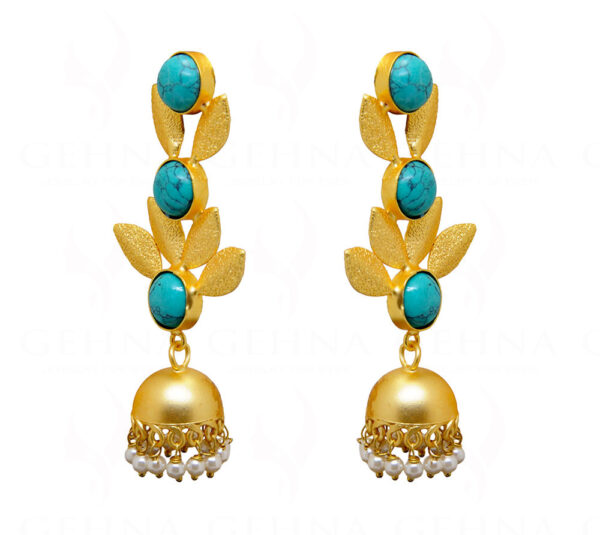 Pearl & Blue Turquoise Studded Gold Plated Earrings FE-1064