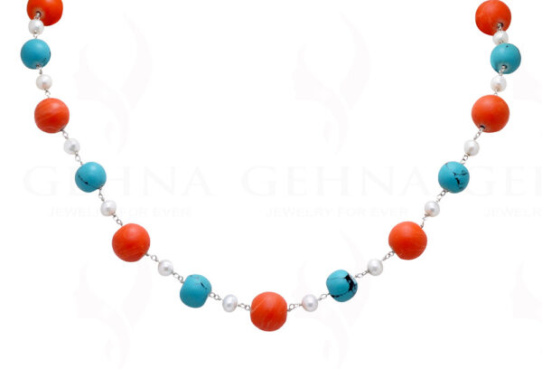 Pearl, Coral & Turquoise Gemstone Bead Chain In .925 Sterling Silver Cm1065