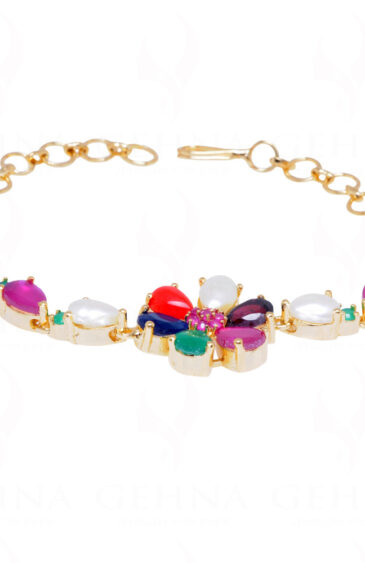 Pearl Ruby Sapphire Emerald Stone Studded Flower Shaped Bracelet FB-1065