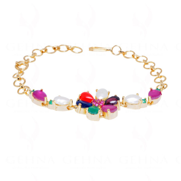 Pearl Ruby Sapphire Emerald Stone Studded Flower Shaped Bracelet FB-1065