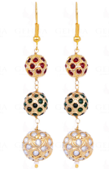 Pearl, Emerald & Ruby Stone Studded Jadau Ball Earrings LE01-1065