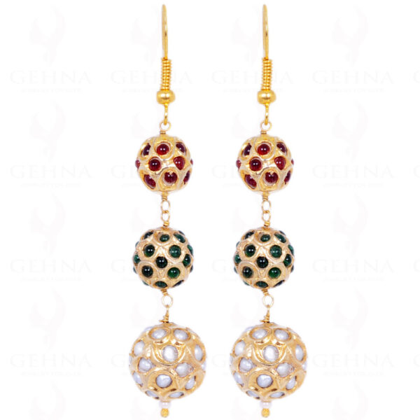 Pearl, Emerald & Ruby Stone Studded Jadau Ball Earrings LE01-1065