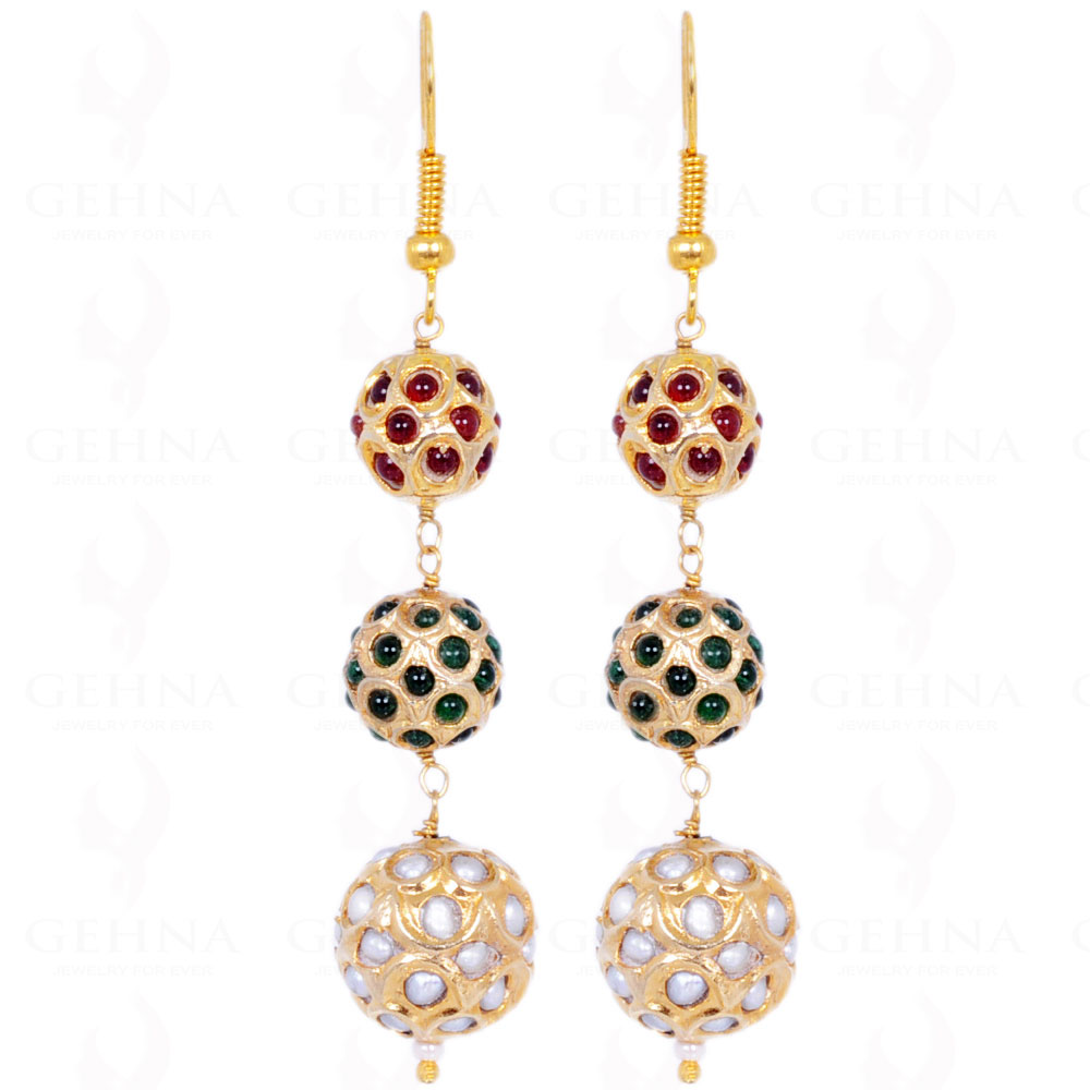 Pearl, Emerald & Ruby Stone Studded Jadau Ball Earrings LE01-1065