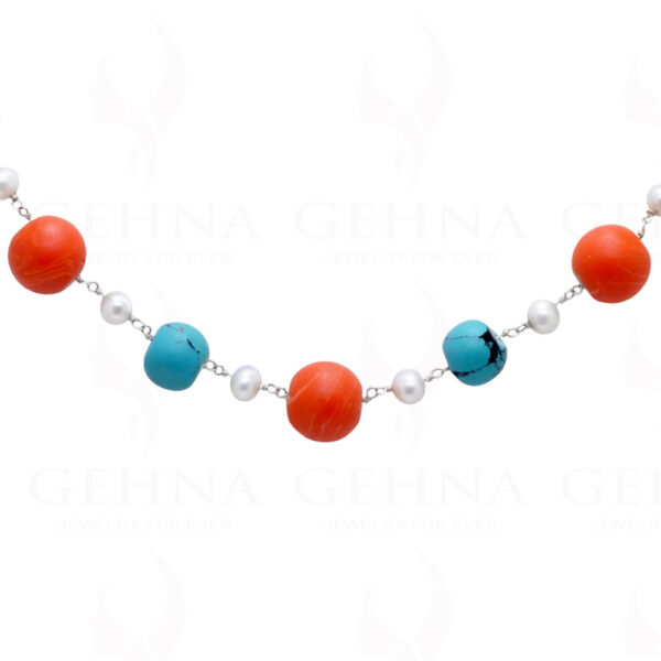 Pearl, Coral & Turquoise Gemstone Bead Chain In .925 Sterling Silver Cm1065