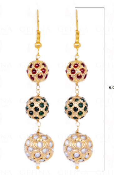 Pearl, Emerald & Ruby Stone Studded Jadau Ball Earrings LE01-1065