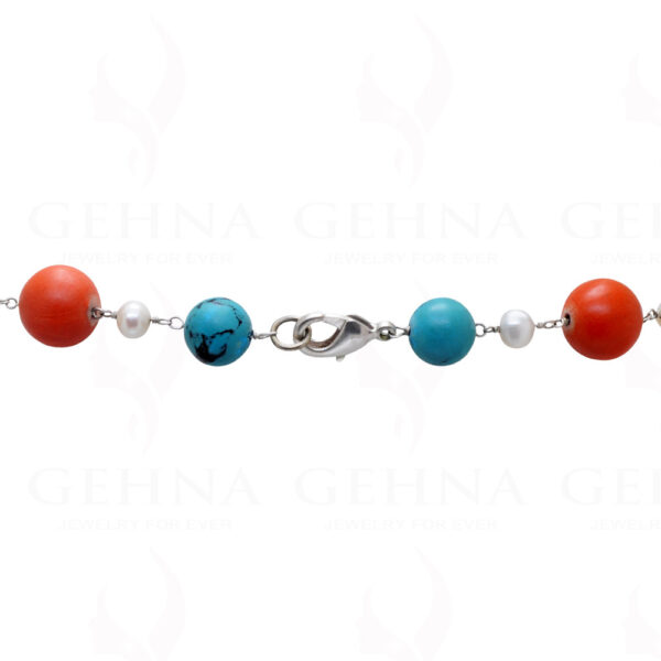 Pearl, Coral & Turquoise Gemstone Bead Chain In .925 Sterling Silver Cm1065