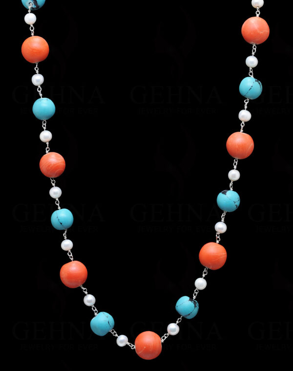 Pearl, Coral & Turquoise Gemstone Bead Chain In .925 Sterling Silver Cm1065