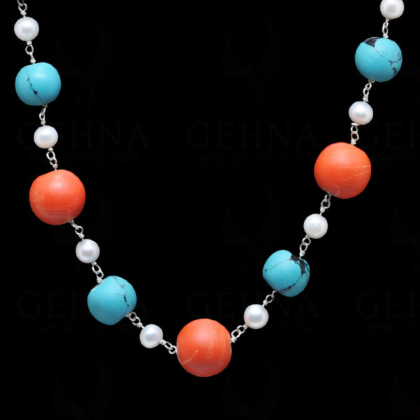 Pearl, Coral & Turquoise Gemstone Bead Chain In .925 Sterling Silver Cm1065