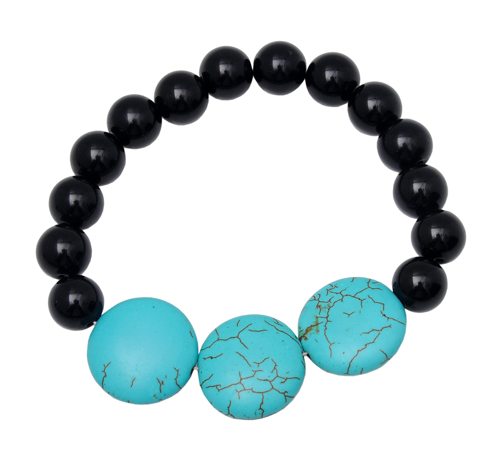 Turquoise & Black Onyx Gemstone Beaded Flexible Bracelet BS-1066