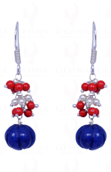 Pearl, Blue Sapphire & Coral Gemstone Earring In .925 Sterling Silver ES-1066