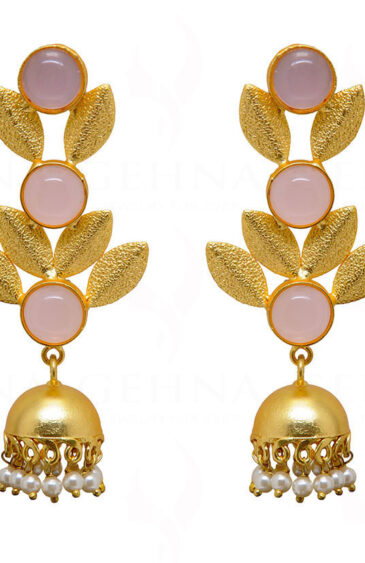 Pearl & Rose Quartz Studded Gold Plated Earrings FE-1066
