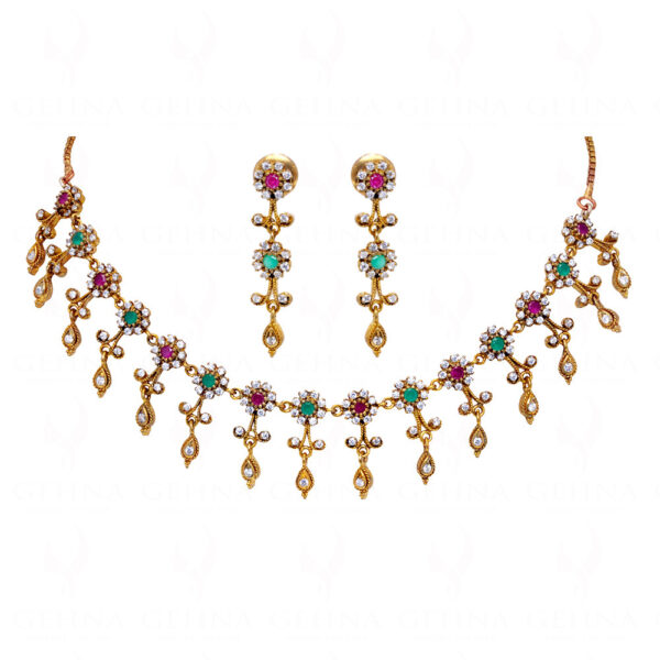 Ruby & Emerald Studded Beautiful Antique Style Necklace Set FN-1066