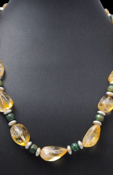 Emerald & Citrine Gemstone Faceted Bead Necklace With Silver Elements NS-1066