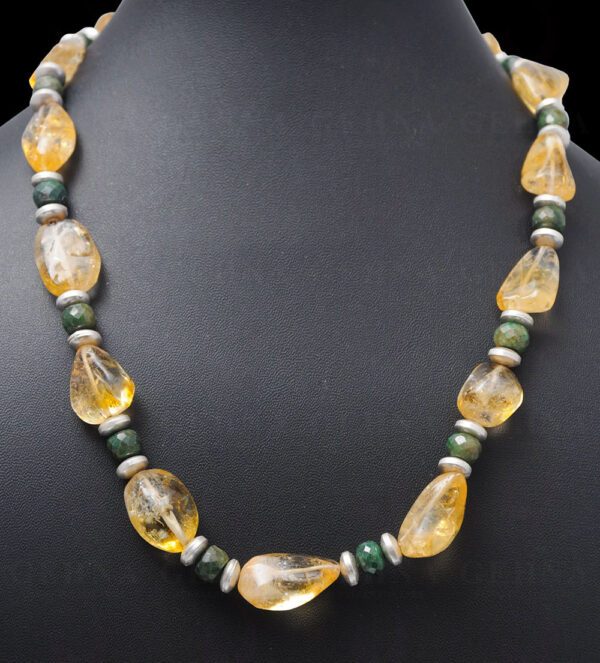 Emerald & Citrine Gemstone Faceted Bead Necklace With Silver Elements NS-1066