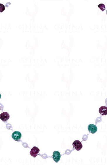 Pearl, Ruby & Emerald Gemstone Bead Chain In .925 Sterling Silver Cm1067
