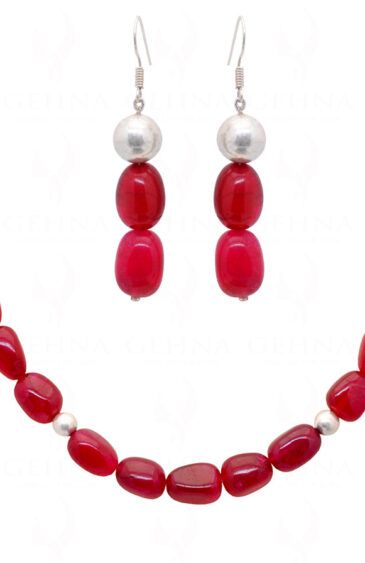 Red Chalcedony Tumble Necklace & Earrings With Silver Plated Spacer Beads FN-1067