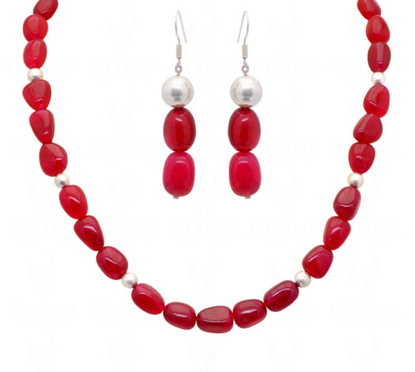 Red Chalcedony Tumble Necklace & Earrings With Silver Plated Spacer Beads FN-1067