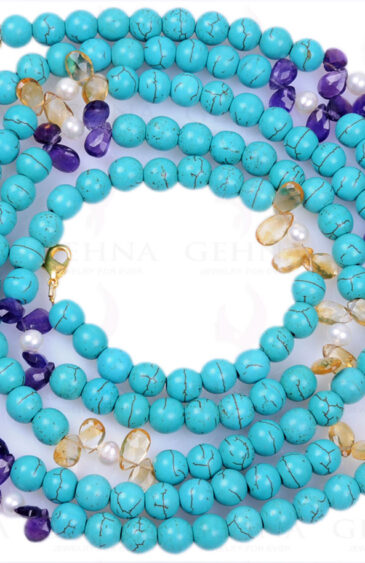 56″ Inches Pearl Amethyst Citrine & Turquoise Gemstone Bead Necklace NM-1067