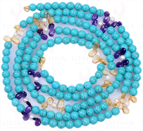 56" Inches Pearl Amethyst Citrine & Turquoise Gemstone Bead Necklace NM-1067