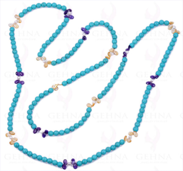 56" Inches Pearl Amethyst Citrine & Turquoise Gemstone Bead Necklace NM-1067