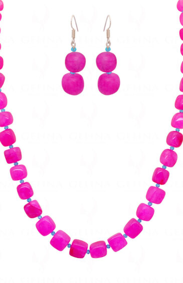 Necklace & Earring Set Of Pink Chalcedony Tumble & Blue Topaz Beads FN-1068