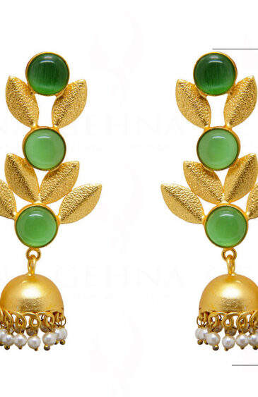 Pearl & Green Prehnite Studded Leaf Shape Earrings FE-1068