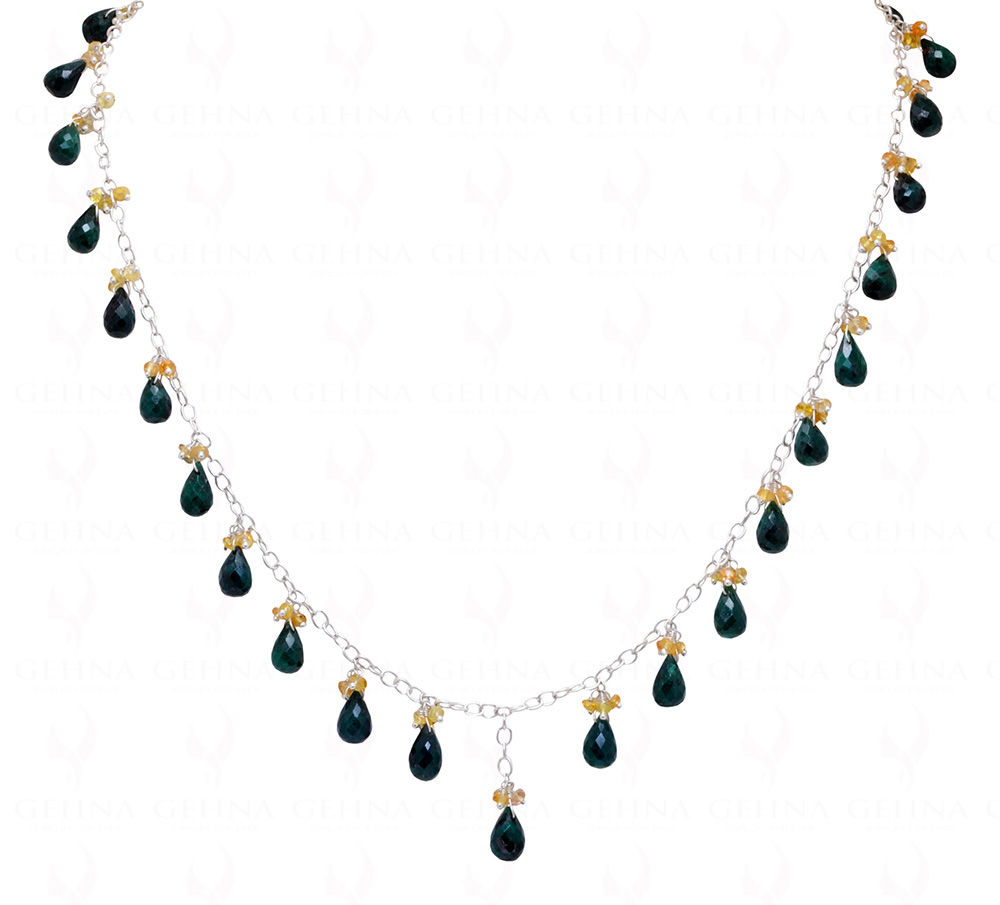 Emerald Drop & Sapphire Faceted Bead Chain Knotted In 925 Sterling Silver CP-1069