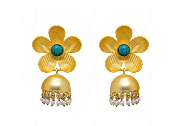 Pearl & Turquoise Blue Studded Flower Shape Earrings FE-1069