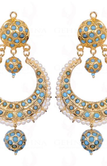 Turquoise Stone Studded Moon Shape Earrings With Pearl Bead LE01-1069