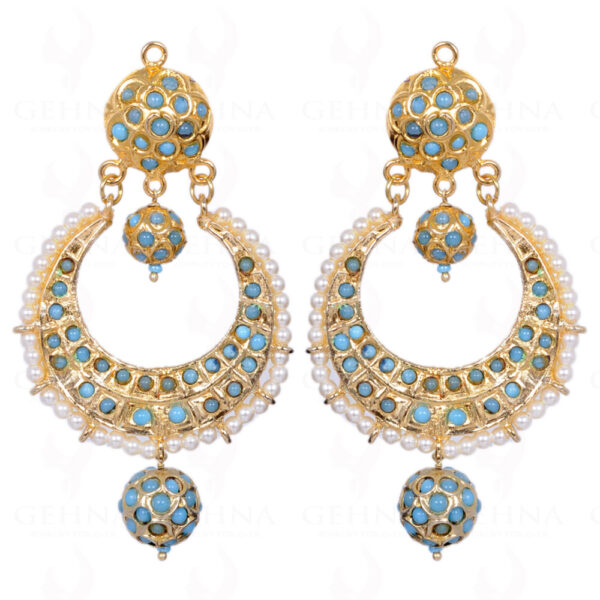 Turquoise Stone Studded Moon Shape Earrings With Pearl Bead LE01-1069