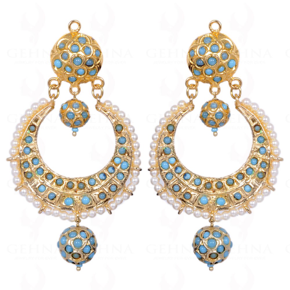 Turquoise Stone Studded Moon Shape Earrings With Pearl Bead LE01-1069