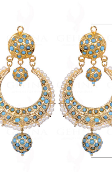 Turquoise Stone Studded Moon Shape Earrings With Pearl Bead LE01-1069