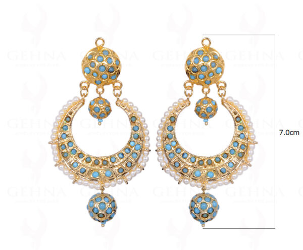 Turquoise Stone Studded Moon Shape Earrings With Pearl Bead LE01-1069