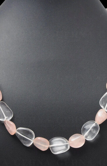 Rose Quartz & Rock-Crystal Gemstone Tumble Bead Necklace NS-1069