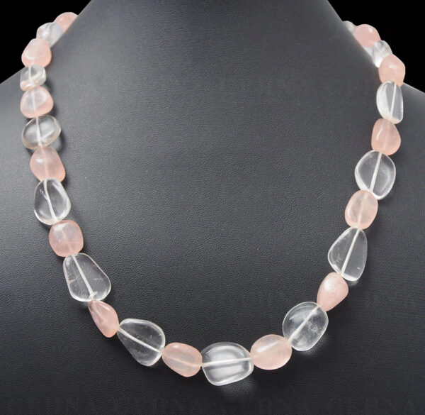 Rose Quartz & Rock-Crystal Gemstone Tumble Bead Necklace NS-1069